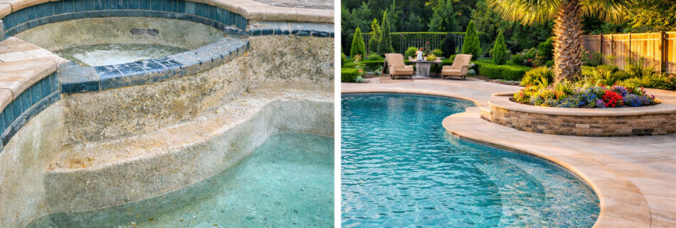 Before and after comparison of a plaster pool showing a worn, stained surface on the left and a newly resurfaced luxury pool with clear blue water and updated stone features on the right.