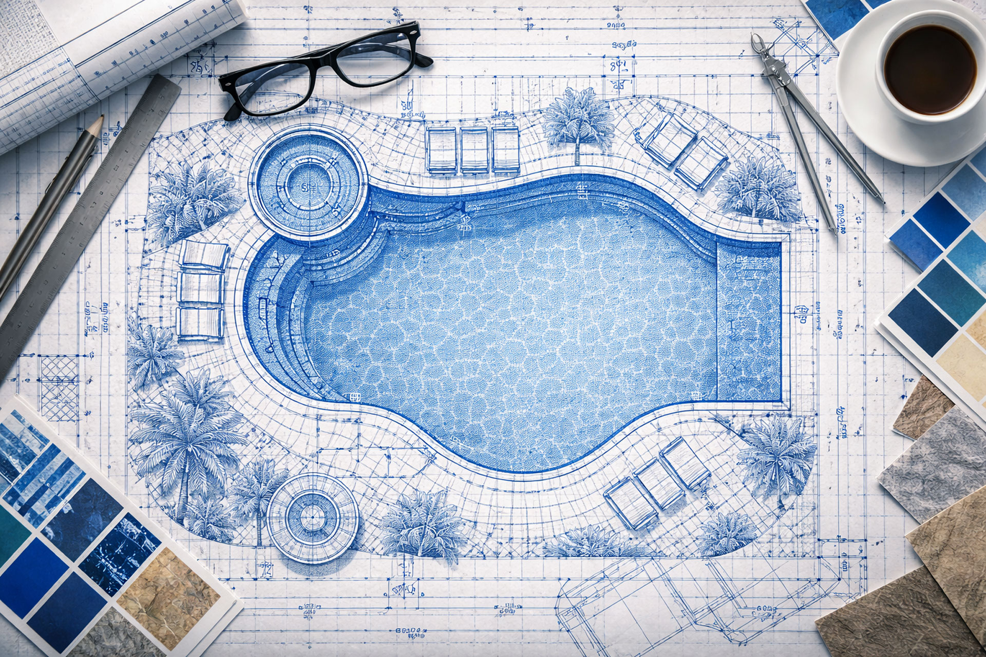 pool blueprint with glasses, coffee and design choices surrounding