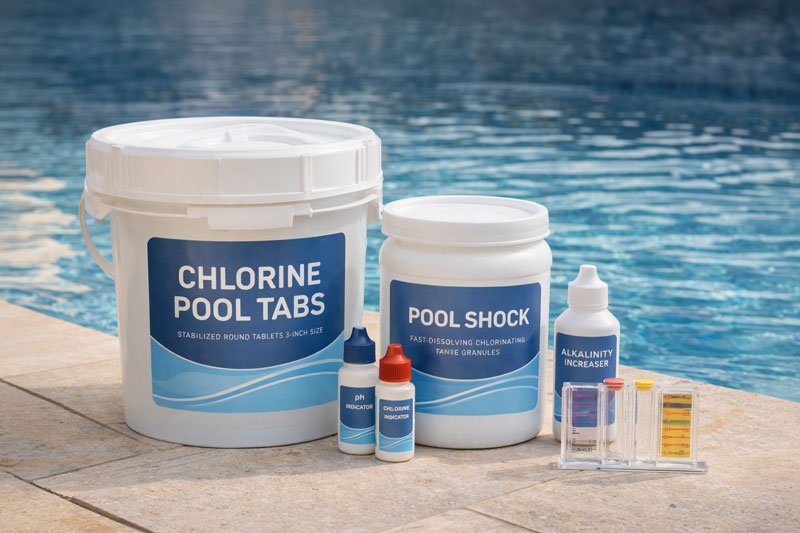 pool chemicals sitting at the edge of an East Texas pool