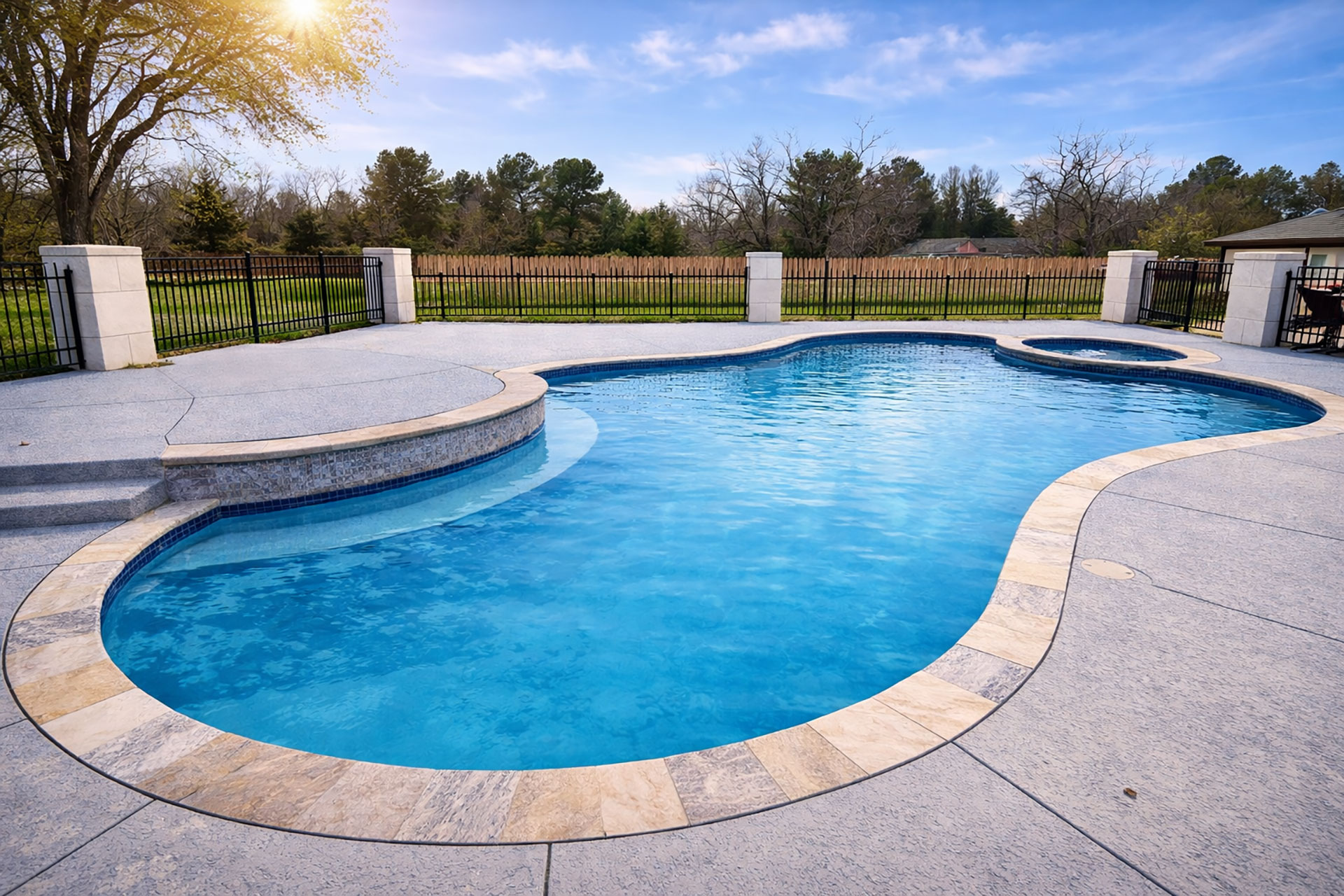 Luxury custom swimming pool in East Texas with raised spa and golden sunlight filtering through trees