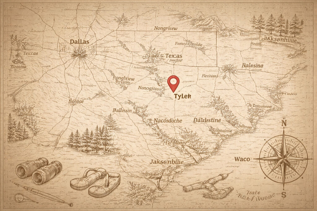 Vintage-style sepia map of East Texas highlighting Tyler and surrounding cities with decorative compass and landscape illustrations.