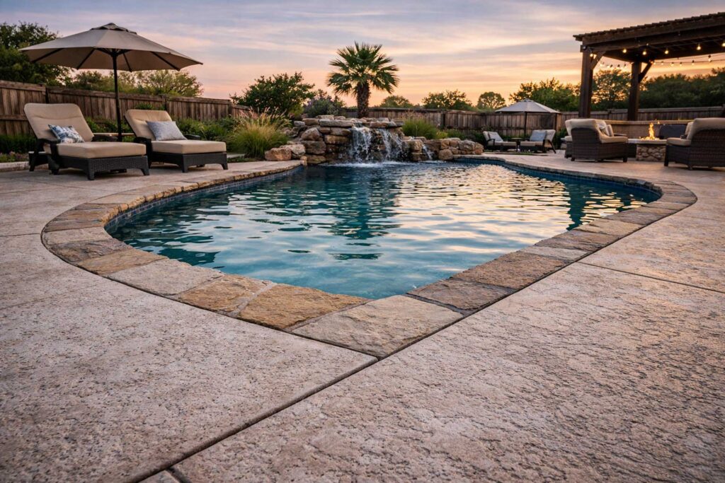 Pool deck repair and resurfaced concrete decking surrounding a luxury backyard swimming pool at sunset