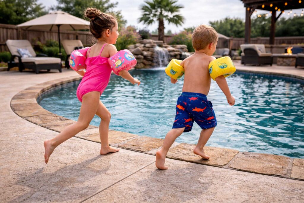Children wearing pool floaties running along a textured pool deck beside a backyard swimming pool, illustrating safe and family-friendly pool surroundings