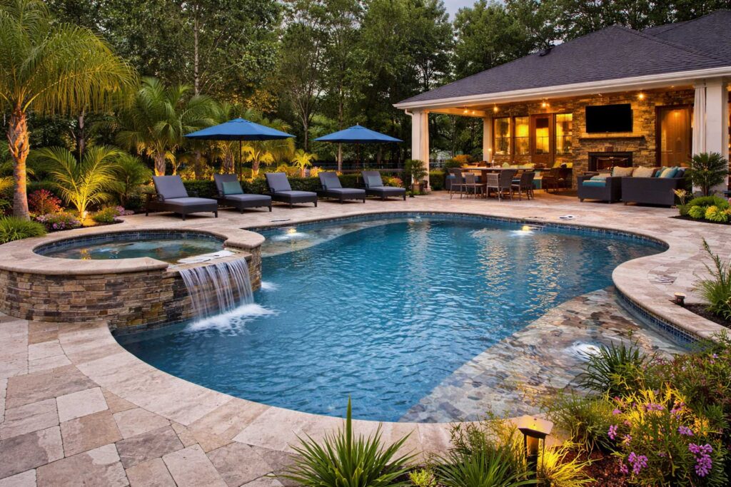 custom renovated backyard swimming pool with raised spa, stone waterfall, and modern outdoor living