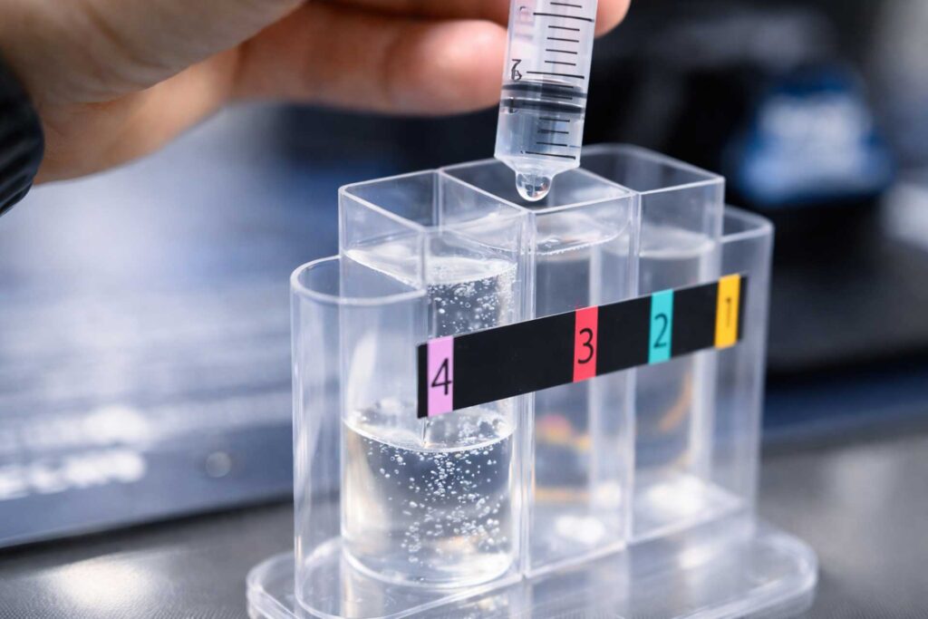 Macro close-up of pool water sample being analyzed with syringe and test chamber using Taylor Xpress Flex water testing system
