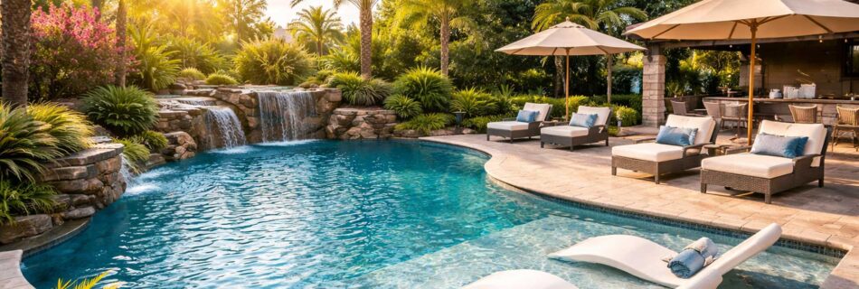 Custom swimming pool built by Paradise Pools & Plaster with waterfall and outdoor patio design